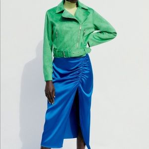 ZARA satin effect ruched skirt cobalt